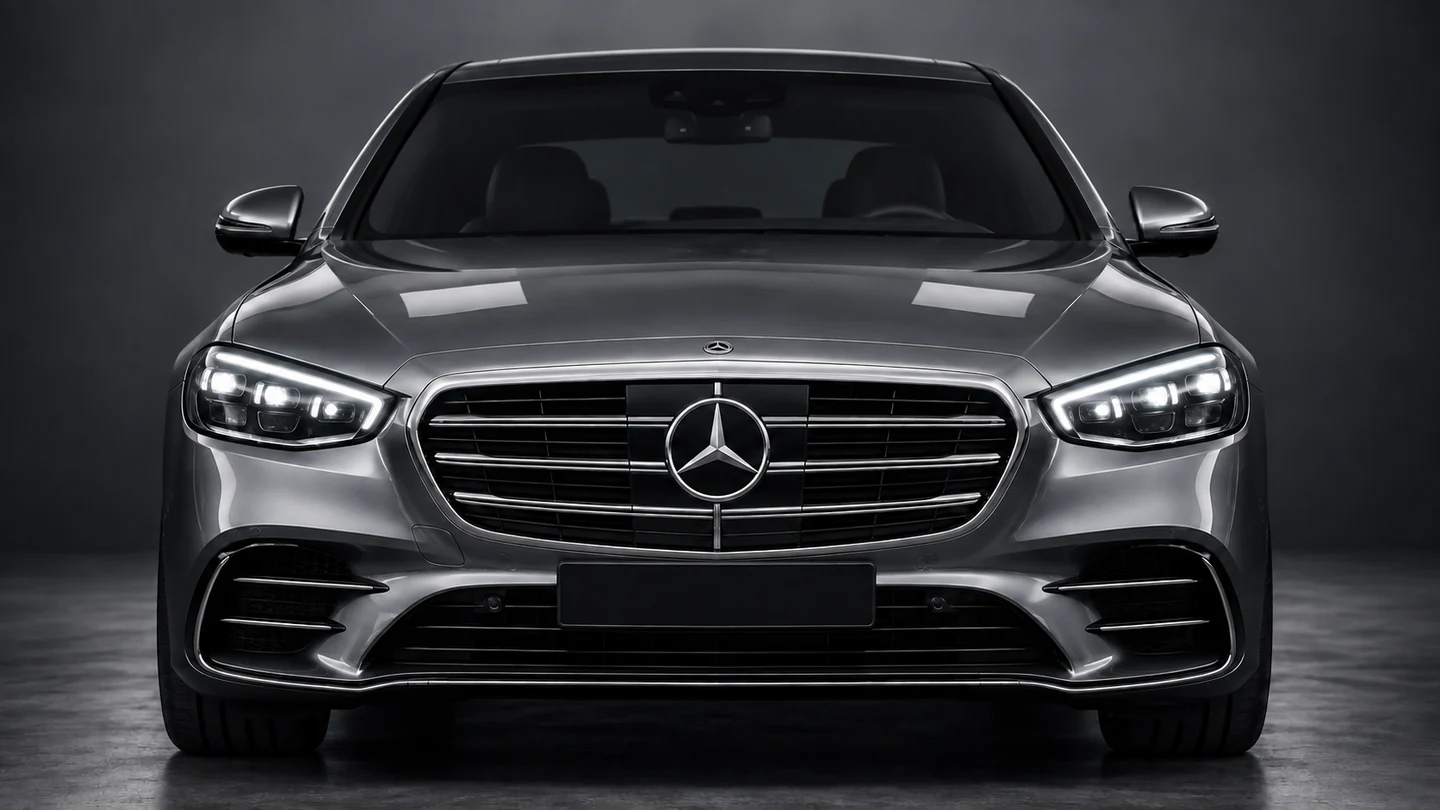 Front-facing Mercedes-Benz sedan in an illustrative premium studio campaign